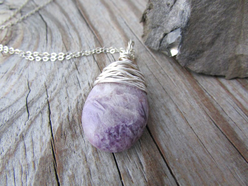Lepidolite Necklace, purple lepidolite, wire wrapped, stone pendant image 1
