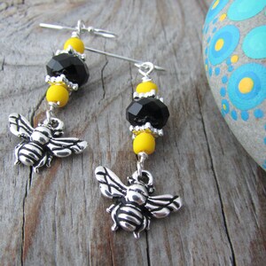 Beaded Bee Earrings: Sterling Silver Hooks, Czech Beads & Crystals
