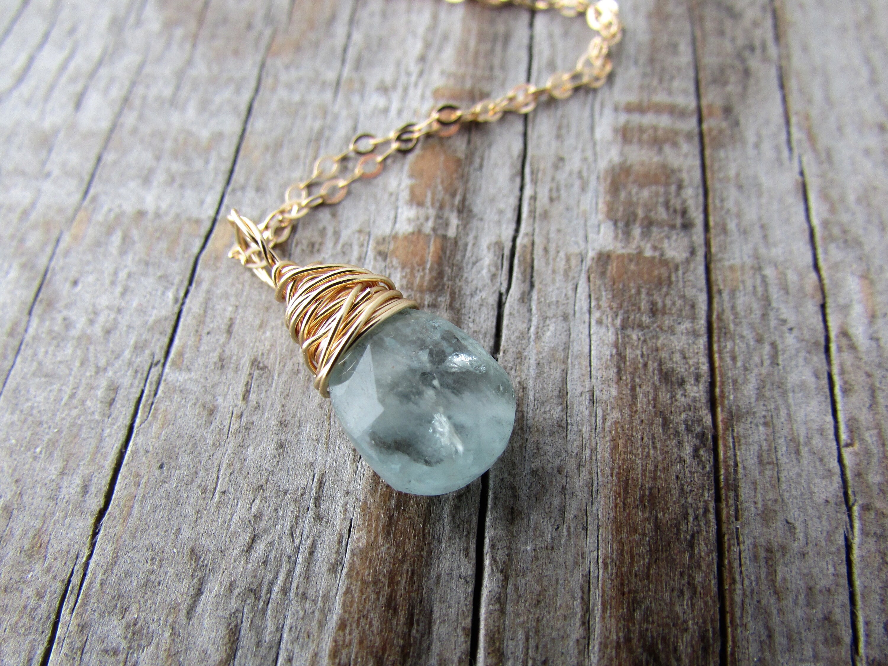 Aquamarine Pendant Wire Wrapped Gold Aquamarine Necklace Etsy UK