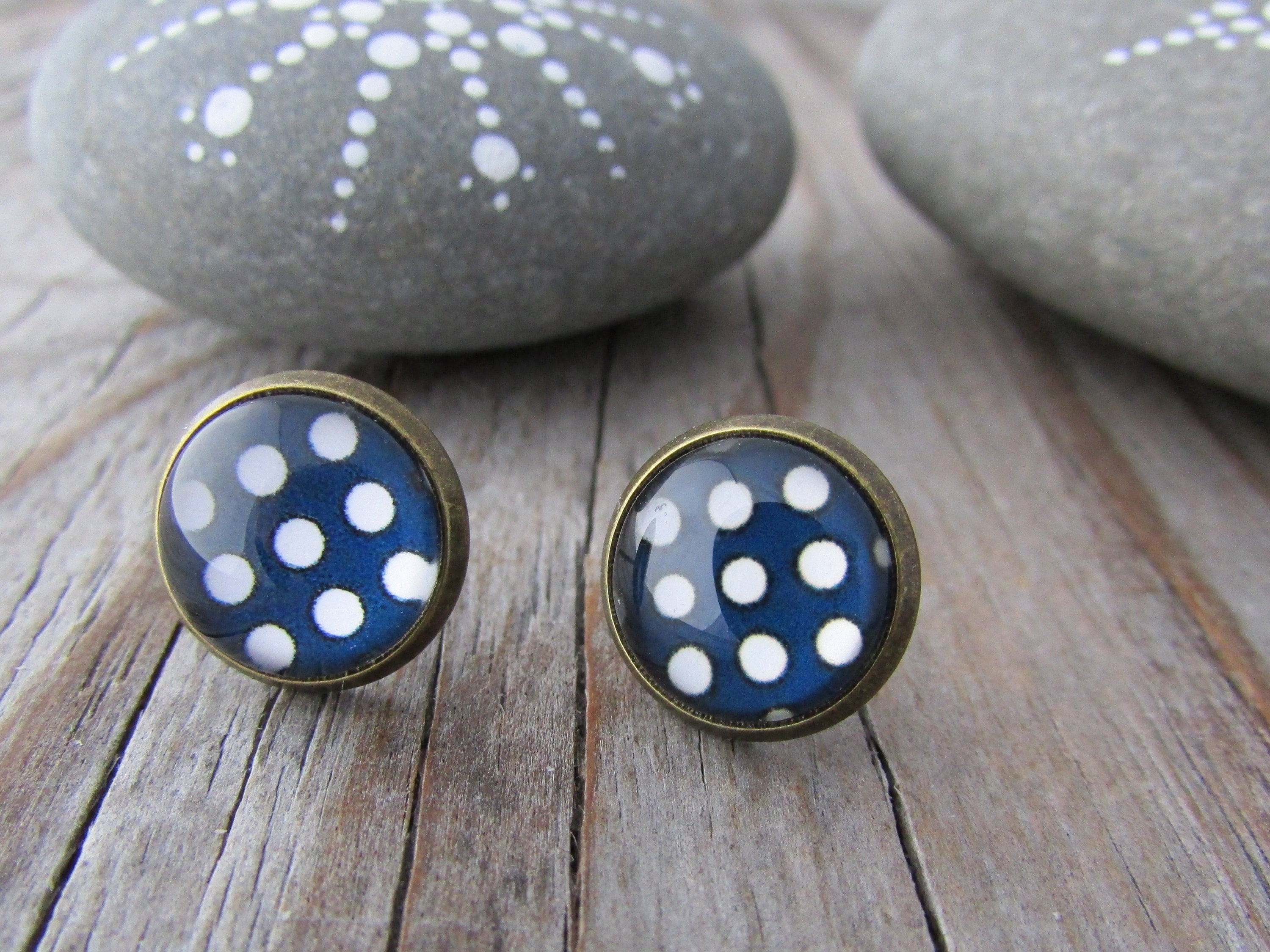 Polka Dot Earrings Navy Blue and White Simple Post Earrings Etsy UK
