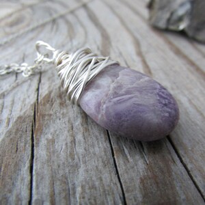 Lepidolite Necklace, purple lepidolite, wire wrapped, stone pendant image 2