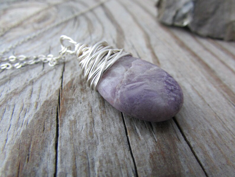 Lepidolite Necklace, purple lepidolite, wire wrapped, stone pendant image 2