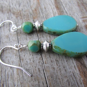 Turquoise Czech Glass Earrings, tear drop earrings, dangle earrings, silver and turquoise