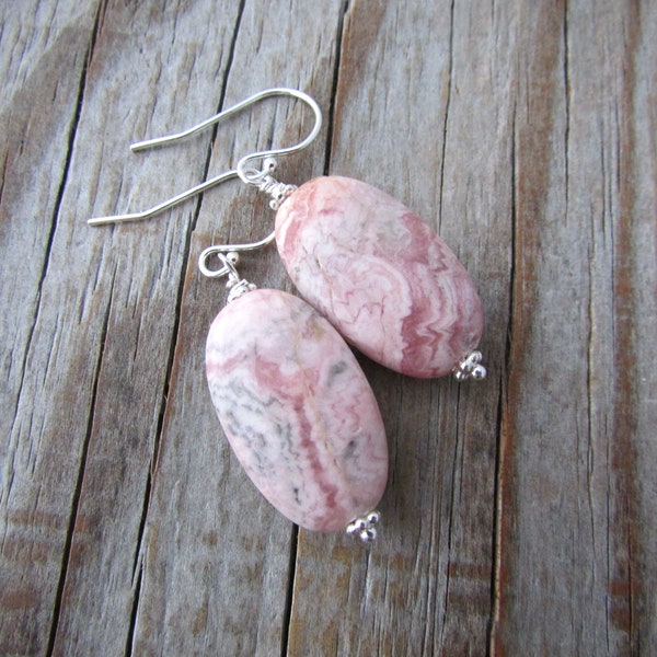 Rhodochrosite Earrings, large dangle earrings, pink rhodochrosite dangles, silver earrings