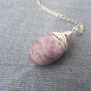 Lepidolite Necklace, purple lepidolite, wire wrapped, stone pendant image 8