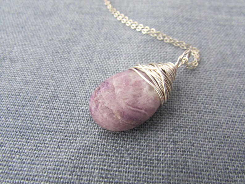 Lepidolite Necklace, purple lepidolite, wire wrapped, stone pendant image 8