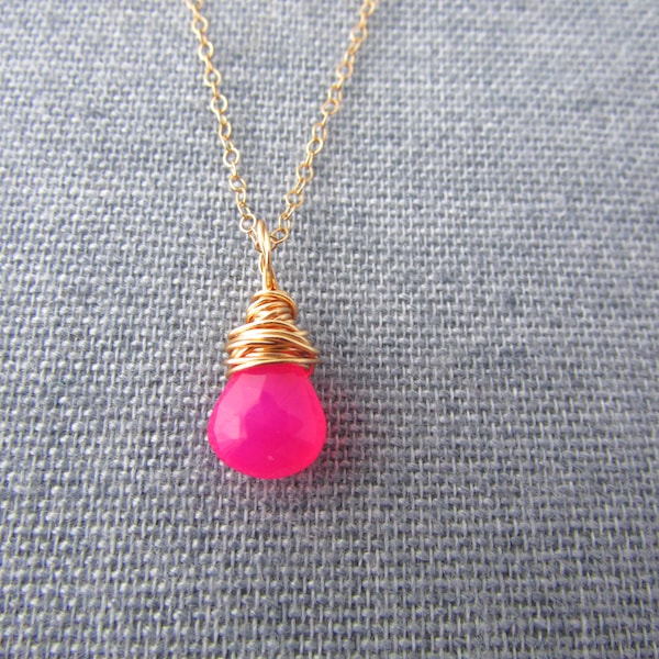 Chalcedony Necklace, Hot Pink gemstone pendant, gold wire wrapped, pink chalcedony