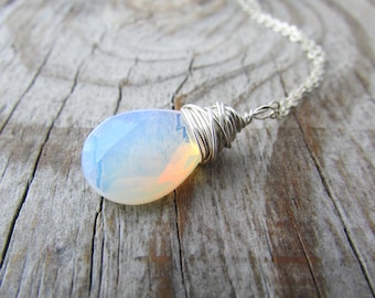 Opalite Necklace, wire wrapped, faceted opalite tear drop pendant