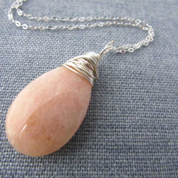 Peach Aventurine Pendant, large, wire wrapped gemstone necklace
