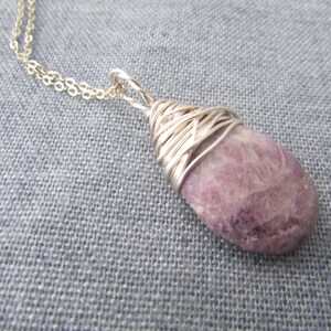Lepidolite Necklace, purple lepidolite, wire wrapped, stone pendant image 7