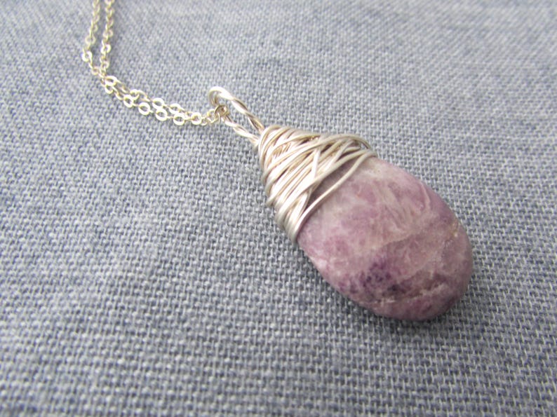 Lepidolite Necklace, purple lepidolite, wire wrapped, stone pendant image 7