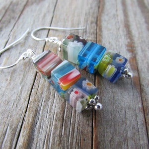 Millefiore Earrings, colorful flower beads, silver dangle earrings