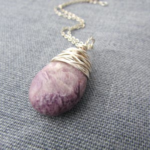 Lepidolite Necklace, purple lepidolite, wire wrapped, stone pendant image 6
