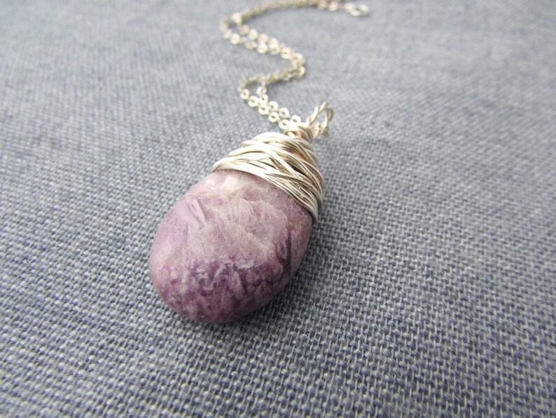 Lepidolite Necklace, purple lepidolite, wire wrapped, stone pendant image 6