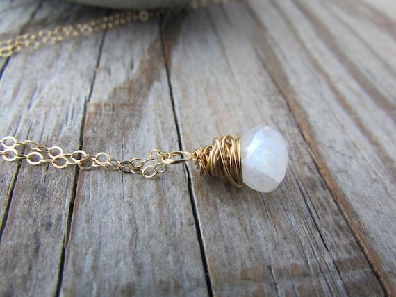 Rainbow Moonstone Pendant Necklace, Gold, Wire Wrapped