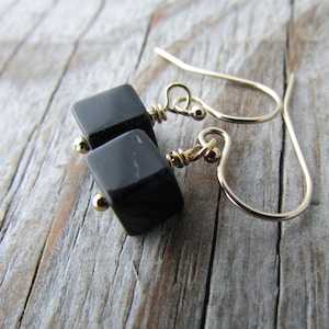 Onyx Cube Earrings: Small Gold-Filled Dangle Earrings