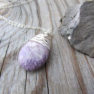 Lepidolite Necklace, purple lepidolite, wire wrapped, stone pendant image 4