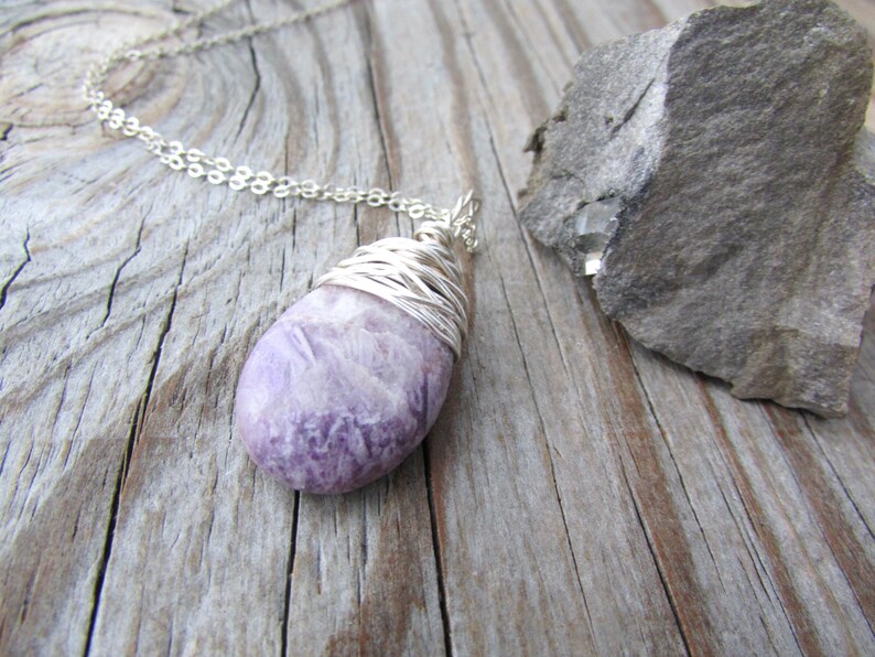Lepidolite Necklace, purple lepidolite, wire wrapped, stone pendant image 4