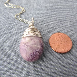 Lepidolite Necklace, purple lepidolite, wire wrapped, stone pendant image 5