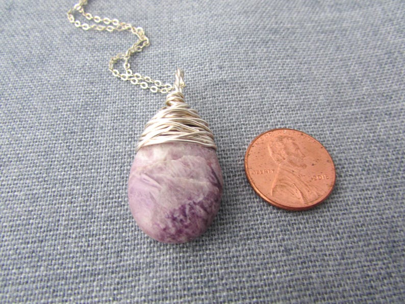 Lepidolite Necklace, purple lepidolite, wire wrapped, stone pendant image 5