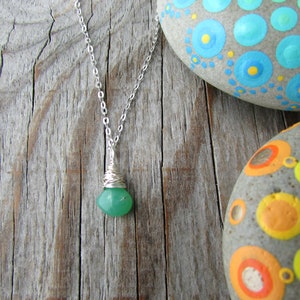 Tiny Chrysoprase Necklace, minimalist, silver wire wrapped, green gemstone pendant
