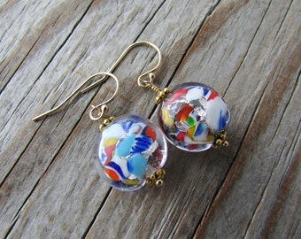 Murano Glass Earrings, rainbow glass, gold dangle earrings, all the colors