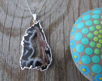 Agate Slice Necklace, slab of agate with silver edges and silver chain, geode slice