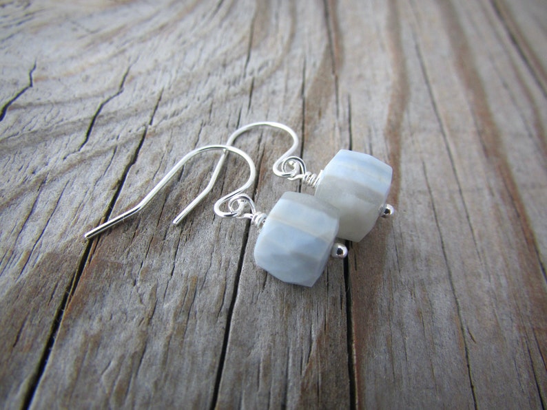 Blue Lace Agate Earrings, faceted gemstone cubes, dangle earrings, periwinkle blue image 2