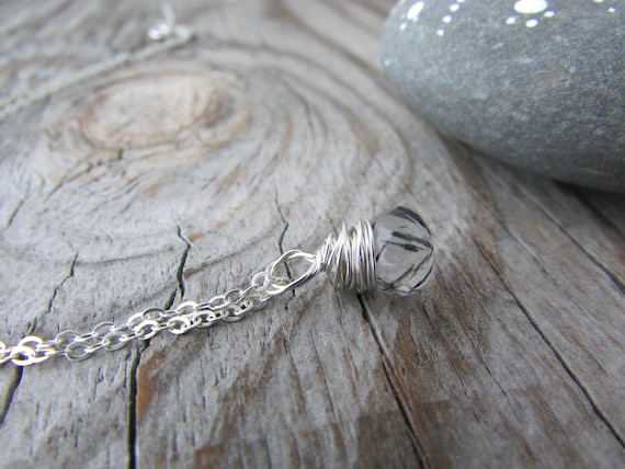 Tourmalinated Quartz Necklace, small, wire wrapped, quartz pendant, micro faceted gemstone