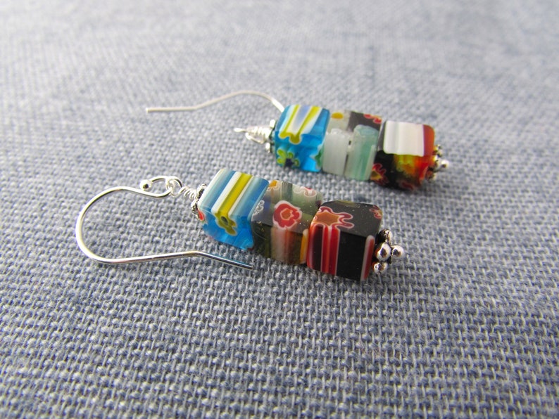 Millefiore Earrings colorful flower beads silver dangle | Etsy