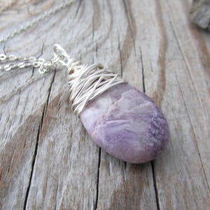 Lepidolite Necklace, purple lepidolite, wire wrapped, stone pendant image 3