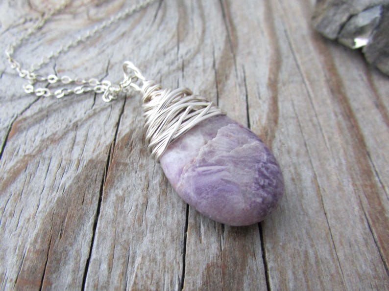 Lepidolite Necklace, purple lepidolite, wire wrapped, stone pendant image 3