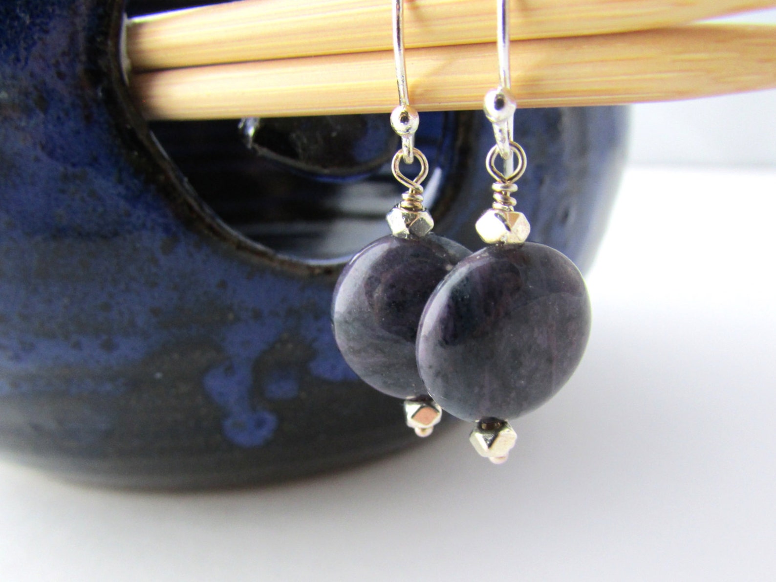 Dumortierite Earrings Dark Purple Semi Precious Stone Dangle Etsy