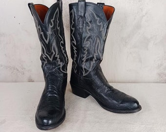 Vintage Lucchese 1883 Black Ostrich Leg Cowboy Boots Men's Size 8 1/2