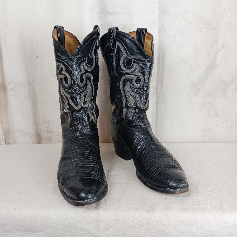 Vintage Tony Lama Black Label Lizard Skin Cowboy Boots 