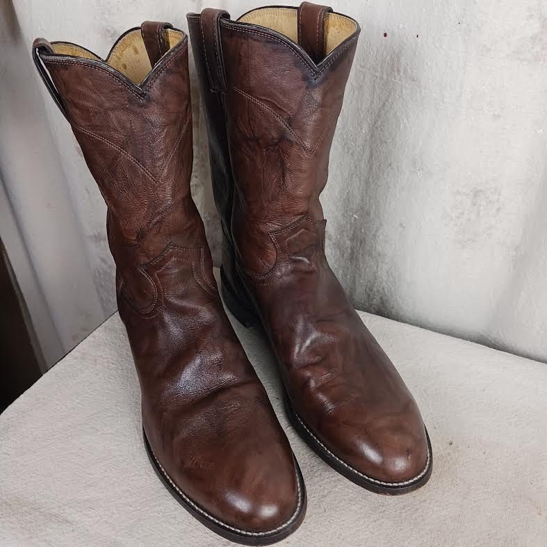 Vintage Justin Brown Leather Roper Boots, Men display picture 1