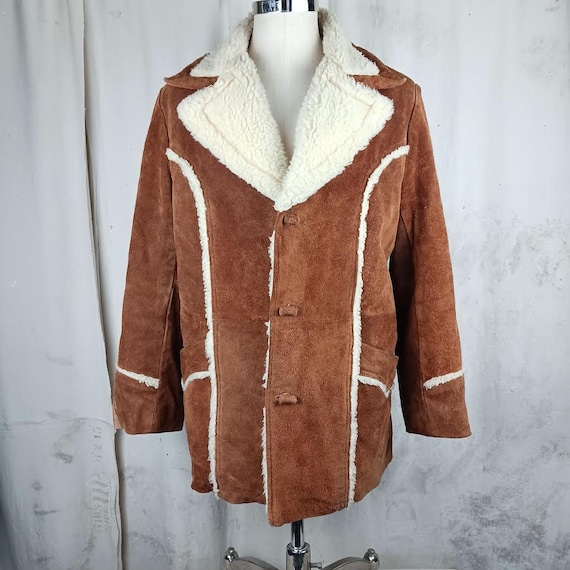 Vintage Brown Suede Coat With Faux Shearling Lining Pioneer Wear Men's Size Large