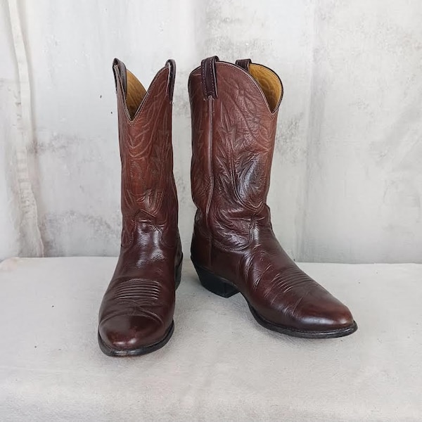 Vintage Brown Full Leather Nocona Cowboy Boots Made Men's Size 9 1/2 EE
