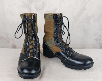 Vintage Black Leather Green Canvas Combat Boots Men&#39;s Size 8
