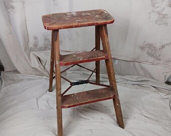 Vintage Wood And Metal Three Step Ladder