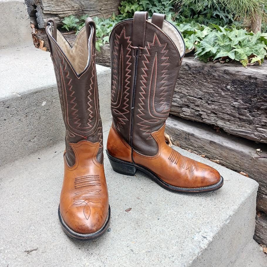 Vintage 1970s men’s brown vegan leather steel toe western style safety boots Vintage Brown Leather Steel Toe Cowboy Boots Men main image 2