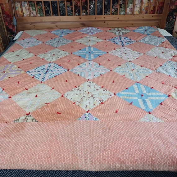 Antique Cotton Patchwork Quilt With Thick Cotton Batting