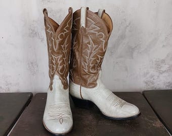 Vintage Tony Lama Black With White Flame Stitch Western Boots Mens