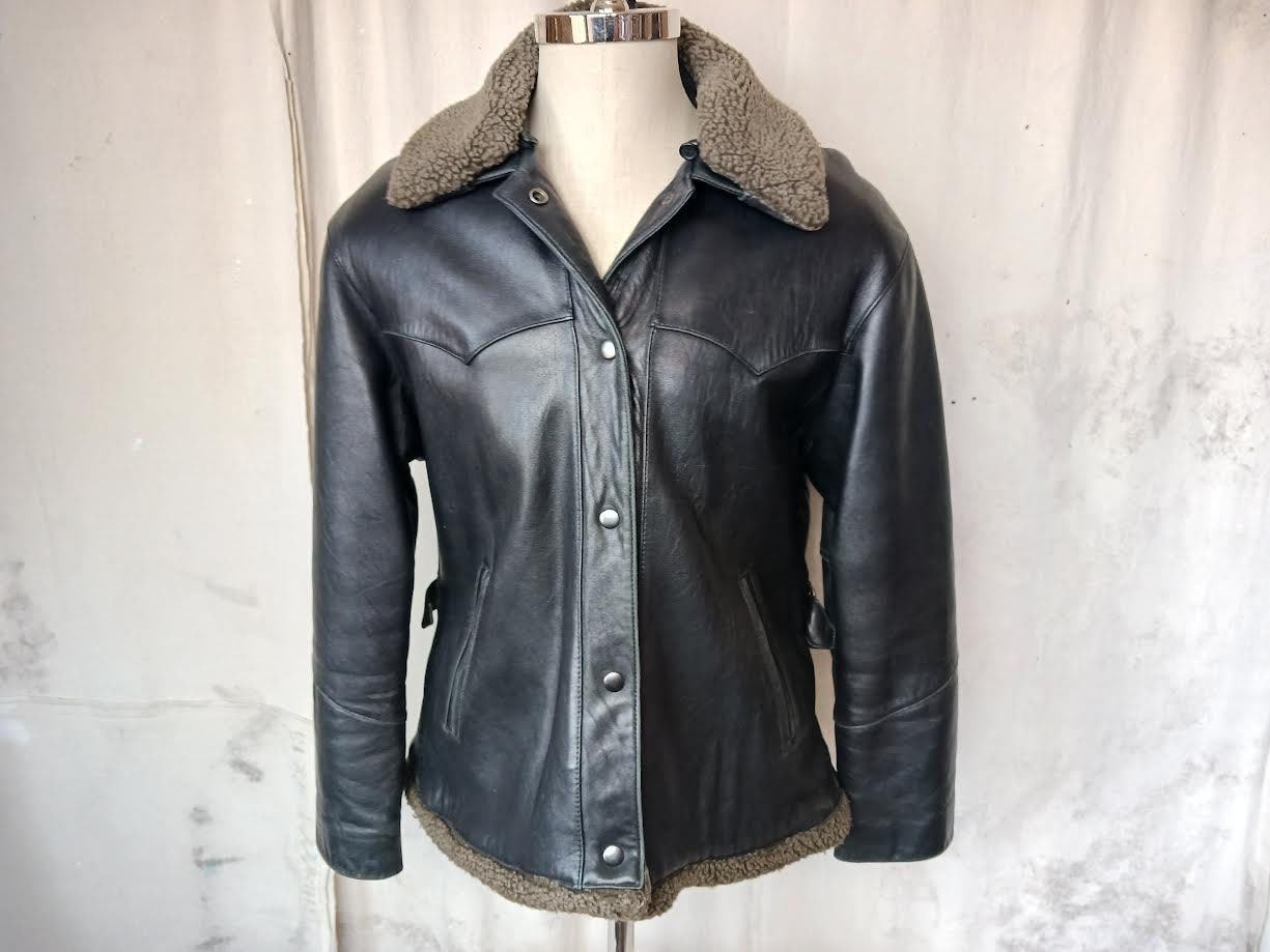Vintage Leather Bomber Jacket With Faux Fur Removable Collar