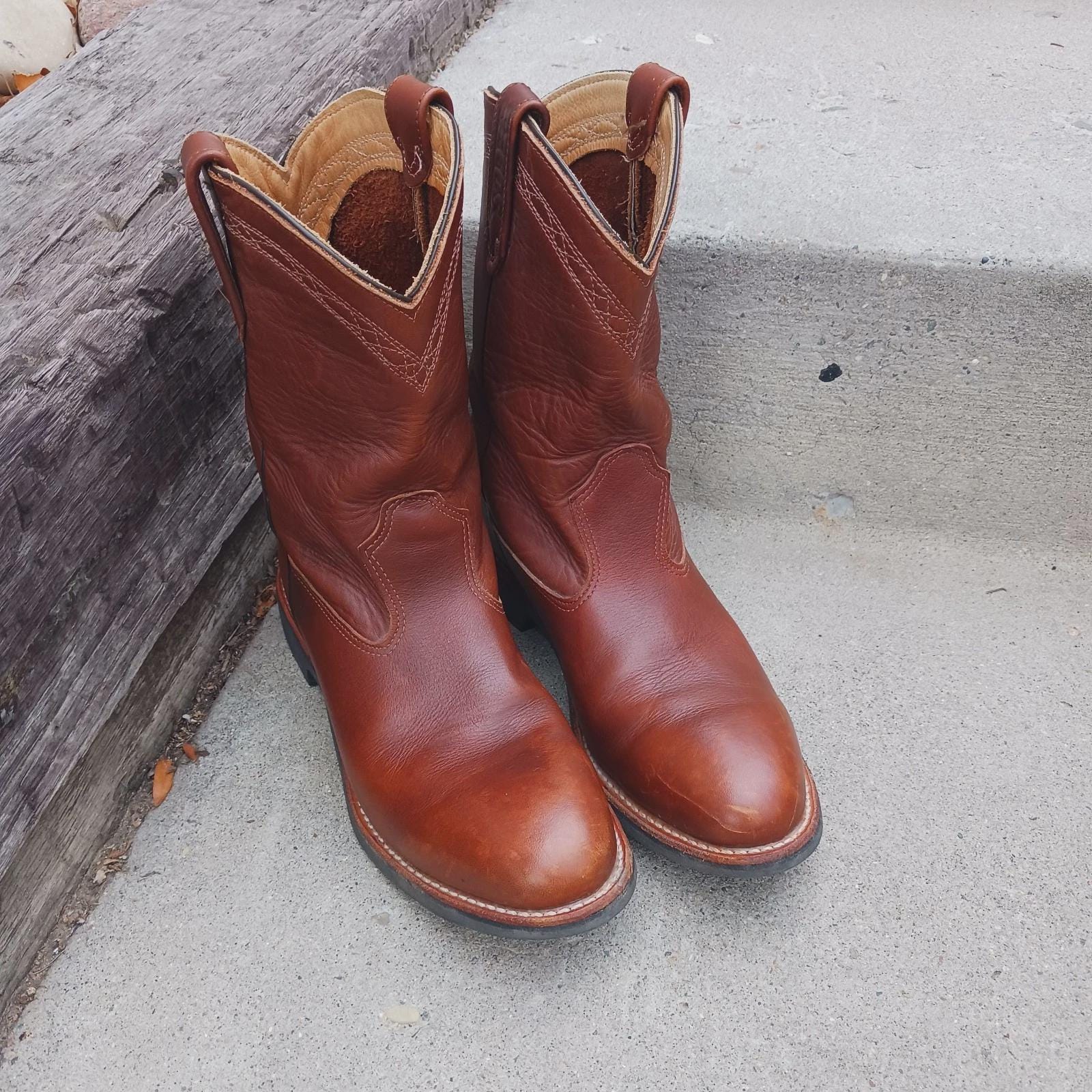 Vintage Red Wing Pecos Boots Brown Leather Made in USA Pull On Mens Size 16 B Redwing Pecos brown nubuck leather, soft toe cowboy... | Depop main image 2