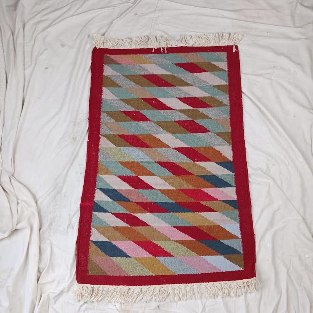 Vintage Small Wool Rug With Fringe Ends Doorway Rug 36