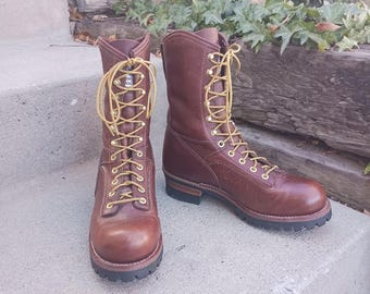 靴 Vintage leather work boots Vintage 1980's Texas Steer 8” Moc Toe Leather Work Boots