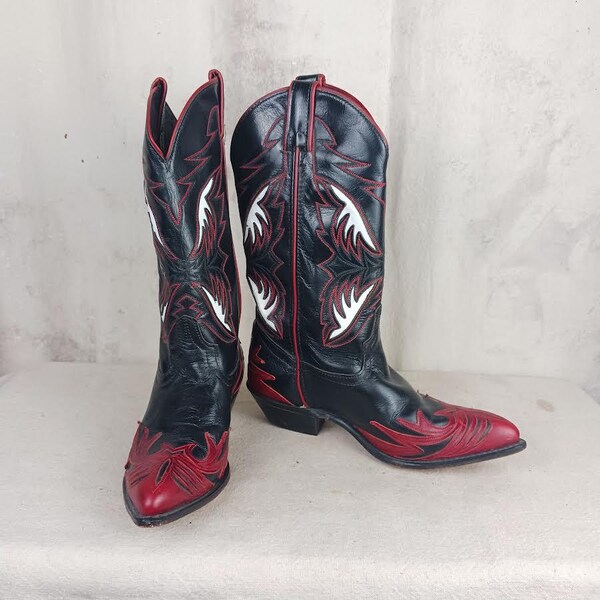 Vintage Black Leather Code West By Dan Post Inlay Cowboy Boots Women's Size 7