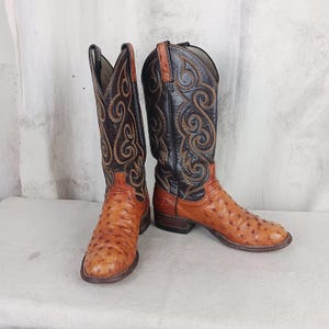 May include: A pair of cowboy boots with a brown ostrich leather foot and a black and brown leather upper. The boots feature decorative stitching and a classic western design. The boots are approximately 12 inches tall.