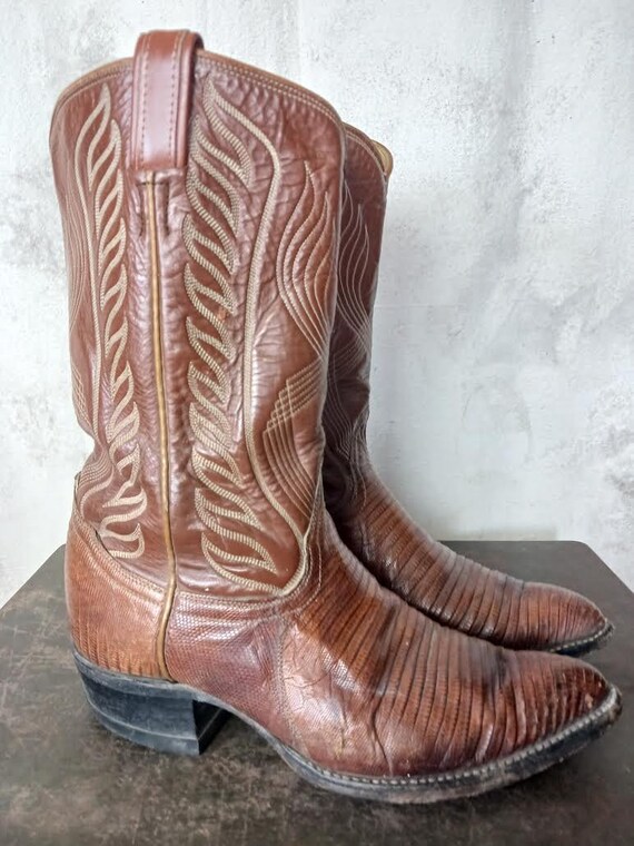 Bottes Western Tony Lama Cuir Lézard Exotique - Taille Homme 10 D (US), Occasion Bon état, Style Cowboy El Paso